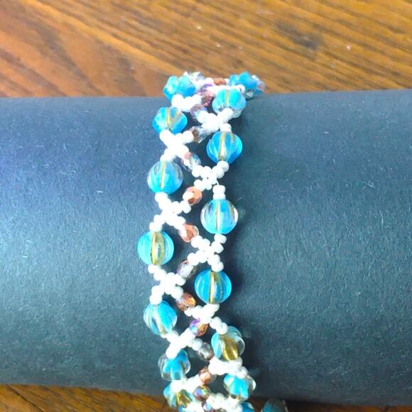 Blue, Gold & Ivory Netted Woven Bracelet - Picture 3 of 6
